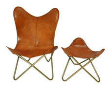 Sedia A Farfalla Vintage In Pelle Tan Buffalo Pieghevole Con Poggiapiedi
