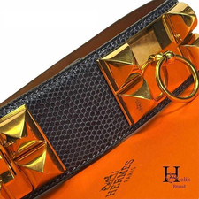 HERMÈS Cintura donna Collier de Chien in pelle di lucertola blu con ferramenta oro