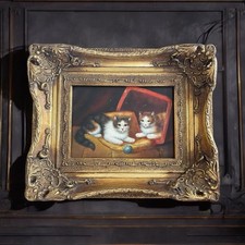 Antico Dipinto Olio Su Tavoletta Inglese Anni 40 Con Cornice Dorata Gatti