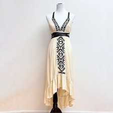 Maxi Abito Donna XS Romantico Gotico NUOVO Dodicesima Street Pelle Ricamato Panna