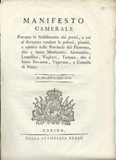 Manifesto Camerale prezzo delle polveri da sparo salnitro e piombi - Torino 1816