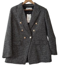 Blazer donna Zara grigio tweed L grande giacca cappotto doppiopetto bottoni oro