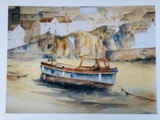 Stampa fine art acquerello di barca da pesca della Cornovaglia su carta senza acidi 308 gsm.