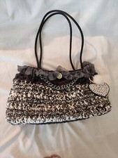 AR B&W Borsa a tracolla donna fatta a mano bianco e nero a uncinetto fettuccia 