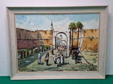Quadro olio su tela scena di strada nordafricana incorniciato firmato dall'artista Barun