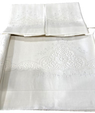 PUROLINO Saram KING LENZUOLO COPRI 3 SET &2 FEDERE RICAMO A MANO lino bianco ITALIA