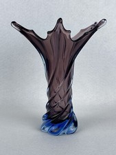 Vaso In Vetro Di Murano Fiore Torciglione Sommerso Azzurro Viola Design 1960