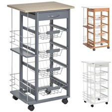 HOMCOM Carrello da Cucina con Ruote in Legno Cassetto e 4 Cestelli Metallici