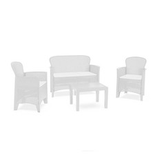 SET SALOTTO GIARDINO CON DIVANO 2 POLTRONE TAVOLINO CUSCINI EFFETTO RATTAN BIANC