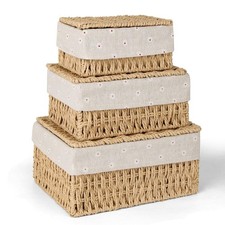 1X(Cestino Portaoggetti, Confezione da 3 Cestini Portaoggetti con Coperchio, Intrecciato 1007