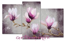 QUADRI MODERNI FIORE MAGNOLIA DIPINTI A MANO GRIGIO ROSA LILLA ARREDO CASA LETTO