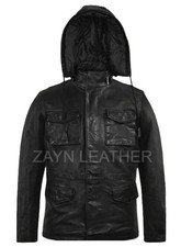 Giacca in pelle nera militare M-65 con cappuccio da uomo 100% vera pelle di...