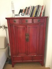 Armadio cinese di antiquariato etnico in legno laccato rosso con cassetti 