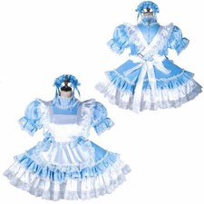 Sissy Cameriera Ragazza Blu Raso Chiudibile Pieghettato Vestito Cosplay Costumi Su Misura