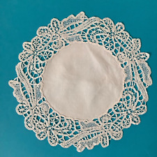 Centrino antico vintage con bordo al tombolo 30 cm lino bianco