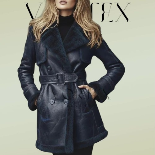 Cappotto donna blu navy pelle