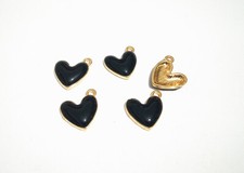 4pz ciondoli charms cuore in metallo smaltato 16x15mm colore nero, oro bijoux
