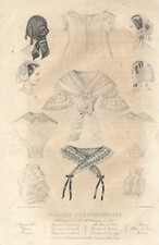 Stampa antica MODA FRANCESE CUFFIE E ALTRI DETTAGLI 1859 Old Antique print