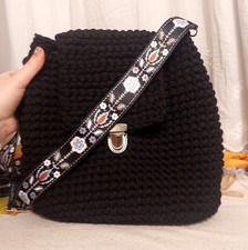 Zaino Borsa Estiva Donna Ragazza 33x30x10 cm uncinetto Cotone Nero Handmade     