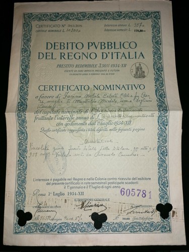 1934 certificato nominativo - 1934,