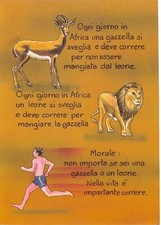 AL17-41E) CARTOLINA ILLUSTRATA PARABOLA LEONE GAZZELLA AFRICA CORRERE VIAGGIATA