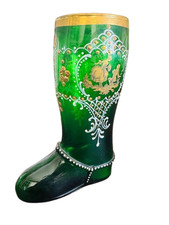 Statuina stivaletto vetro artistico verde boemo italiano vintage oro corteggiamento coppie vaso