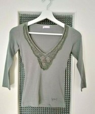 Maglietta elegante con applicazioni allo scollo a V, maniche a 3/4, cotone,tg XS