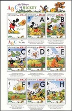 Mali 1996 Disney Topolino ABC Alfabeto Cartoni Animati Animazione 3x Foglio MNH