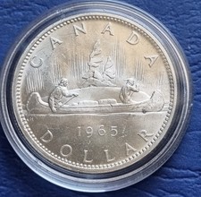 MONETA ARGENTO COIN QUEEN ELIZABETH CANADA SILVER DOLLAR ONE $ 1965 INDIAN CANOA