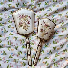Vintage Hand Held Vanity Mirror & Hair Brush Embroidered Floral Dressing Set