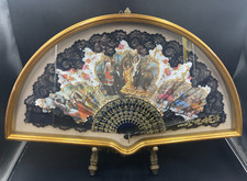 Quadro ventaglio ventaglierà danza Spagnola ricamo nero stecche d'orate vintage