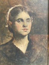 Bella Pittura Olio Su Cartone 1903 Ritratto Donna Pietra Alexis Lesage Antico