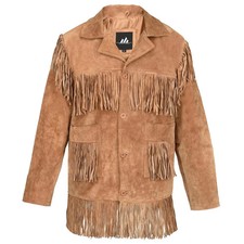 Giacca western vintage in pelle scamosciata marrone: cappotto con perline e frange da cowboy