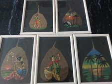 Vintage dipinti su foglia di fico indiana nel cartoncino originale con quadretto