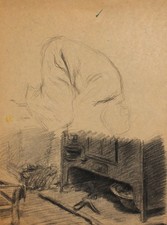 Antico disegno a matita metà della vecchia stufa e composizione figura di...