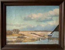 Dipinto Impressionista Valdemar Mau Paesaggio Invernale Con Casa Nella Neve