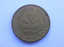 GERMANY: 5 pfennig 1950 J brass plated steel  Km# 107  XF