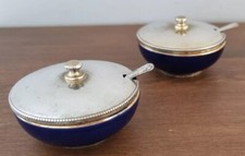 Coppia Porcellane Bomboniere Blu Cobalto Oro Portaspezie Zuccheriera Argento