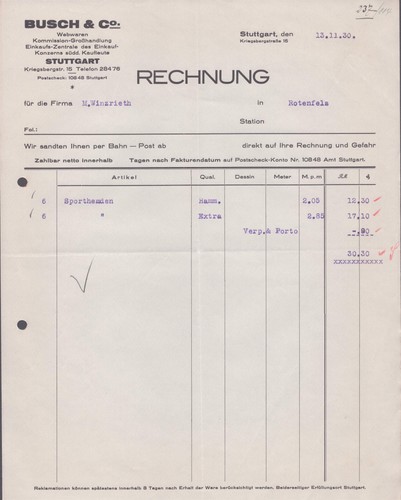 Rechnung busch webwaren - rechnung, u