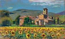 Dipinto Olio Toscana Girasoli  Borgo Chianti Giacomo Vaccaro cm 25 x 15