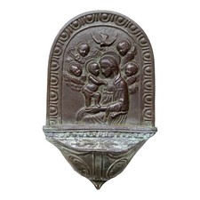 *HH* Antica Acquasantiera Bronzo Madonna Con Angeli Religiosa Devozionale Votiva