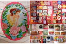 SCATOLA  CONTENITORE LATTA BATTISTERO con FIGURA FEMMINILE. Forma ovale, e altro