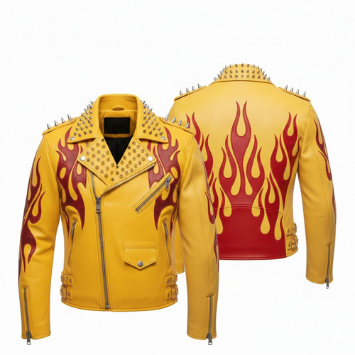 Giacca moto gialla con - giacca, fiamme