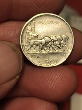 VITTORIO EMANUELE III 50 CENTESIMI 1925 LEONI Bordo Rigato COIN Bella MONETA