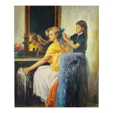 Quadro Dipinto a Mano Olio su Tela 50x60 cm La donna, la Bambina e il Fiocco