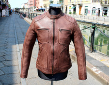Giubbotto pelle marrone effetto vintage modello moto biker stile belstaff Guendj