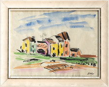ATTILIO ALFIERI Acquerello Originale Paesaggio Case  Firmato Certificato Perito