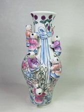 Antico vaso rosa porcellana cinese arrampicata ragazzi/bambini fertilità famiglia