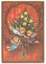 cartolina Buon Natale vintage angeli abete natalizio candele vischio