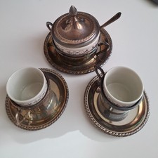 Set caffè 2 tazzine cucchiaini e zuccheriera  ARGENTATO 1000  e porcellana